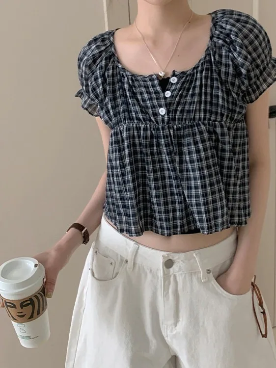 Retro Plaid Bubble Sleeve round Neck Short Sleeve Shirt Sweet Cute Girl's Summer New Arrival Korean Style Loose Fit Lace Shirt
Retro Plaid Bubble Sleeve round Neck Short Sleeve Shirt Sweet Cute Girl's Summer New Arrival Korean Style Loose Fit Lace Shirt