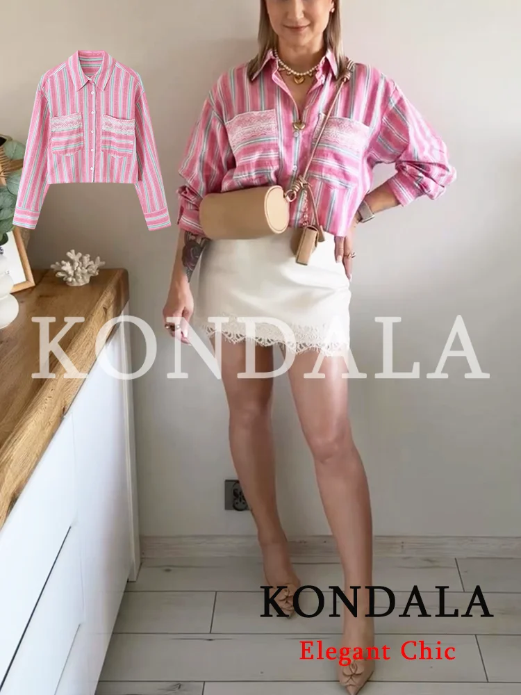 KONDALA Women Holiday Casual Trendy Striped Lace Shirt Single Breasted Pockets Short Shirt New Fashion 2026 Spring Summer Blouse
KONDALA Women Holiday Casual Trendy Striped Lace Shirt Single Breasted Pockets Short Shirt New Fashion 2026 Spring Summer Blouse