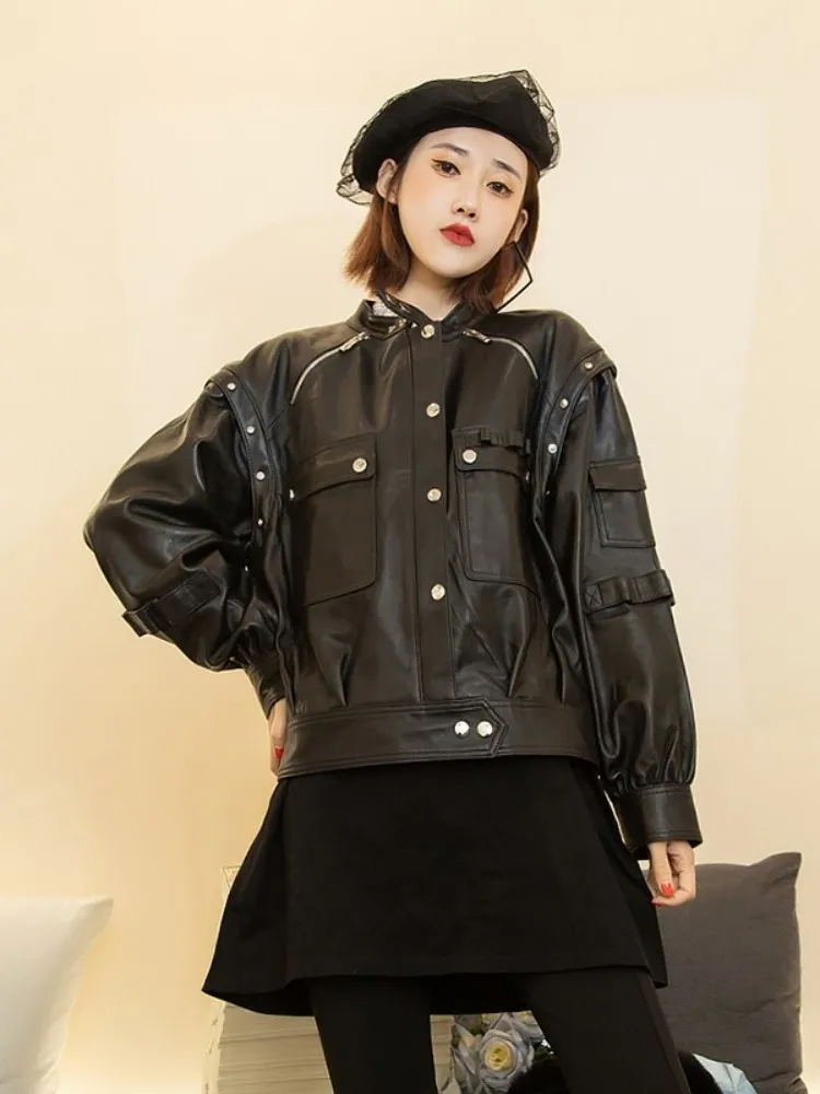 2023Punk Genuine Leather Jacket Women Stand Collar Motorcycle Biker Short Coat Streetwear Loose Fit Female Real Sheepskin Jacket
2023Punk Genuine Leather Jacket Women Stand Collar Motorcycle Biker Short Coat Streetwear Loose Fit Female Real Sheepskin Jacket