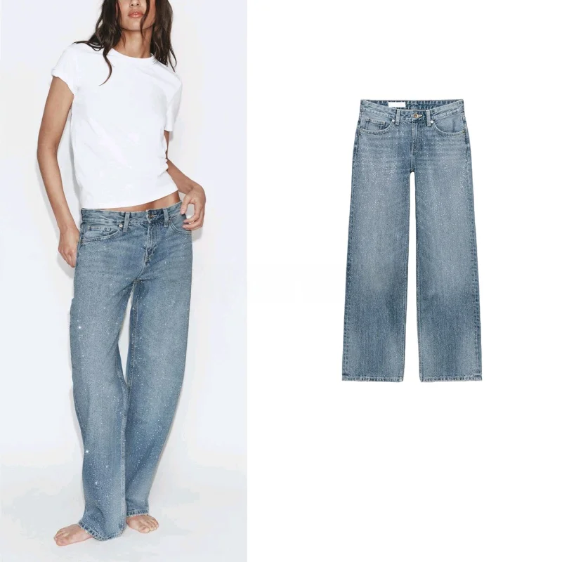 Spring New Women's Low Waist Straight Leg Jeans Metal Button Shiny Sequins Casual Washed Denim Trousers Ladies Premium Quality
Spring New Women's Low Waist Straight Leg Jeans Metal Button Shiny Sequins Casual Washed Denim Trousers Ladies Premium Quality