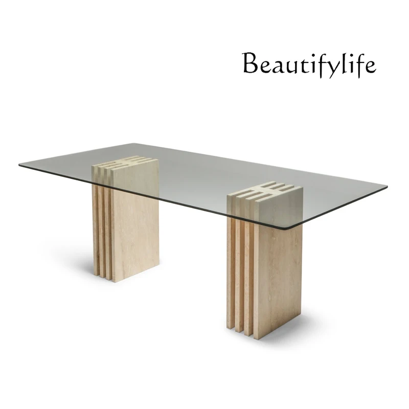 Italian modern simple natural travertine dining table tempered glass living room rectangular dining table
Italian modern simple natural travertine dining table tempered glass living room rectangular dining table