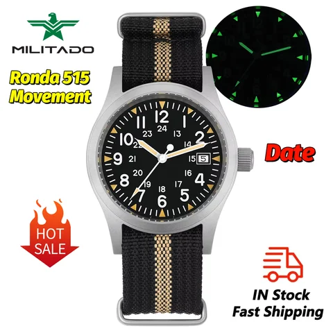 Militado ML05 Field Watch Ronda 515 Movement Sapphire Mirror AR Coating Wrist Watch Waterproof 100M 38Mm Vintage Quartz Watches