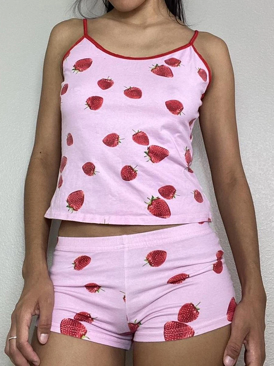 Women s Summer Shorts Outfits Strawberry Cherry Bow Pattern Camisole Crop Tops with Shorts 2 Pcs Set for Outwear Indoor
Women s Summer Shorts Outfits Strawberry Cherry Bow Pattern Camisole Crop Tops with Shorts 2 Pcs Set for Outwear Indoor