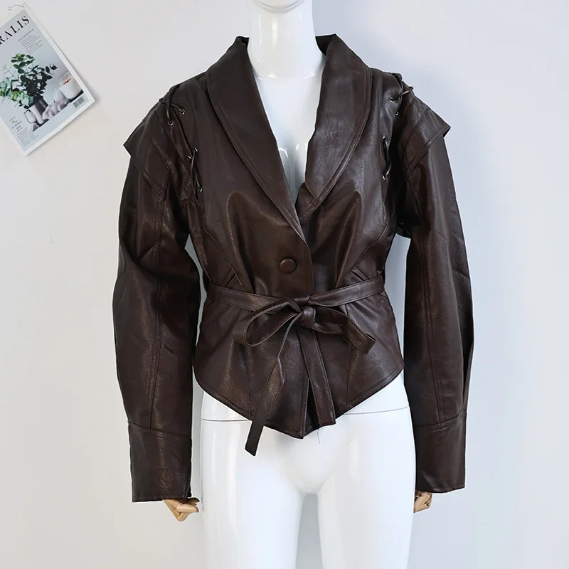 Women Leather Bomber Jackets Coats With Belt Notched Shoulder Pads Motorcycle Street Chic Short Outwear Fashion Solid Lace Up
Women Leather Bomber Jackets Coats With Belt Notched Shoulder Pads Motorcycle Street Chic Short Outwear Fashion Solid Lace Up