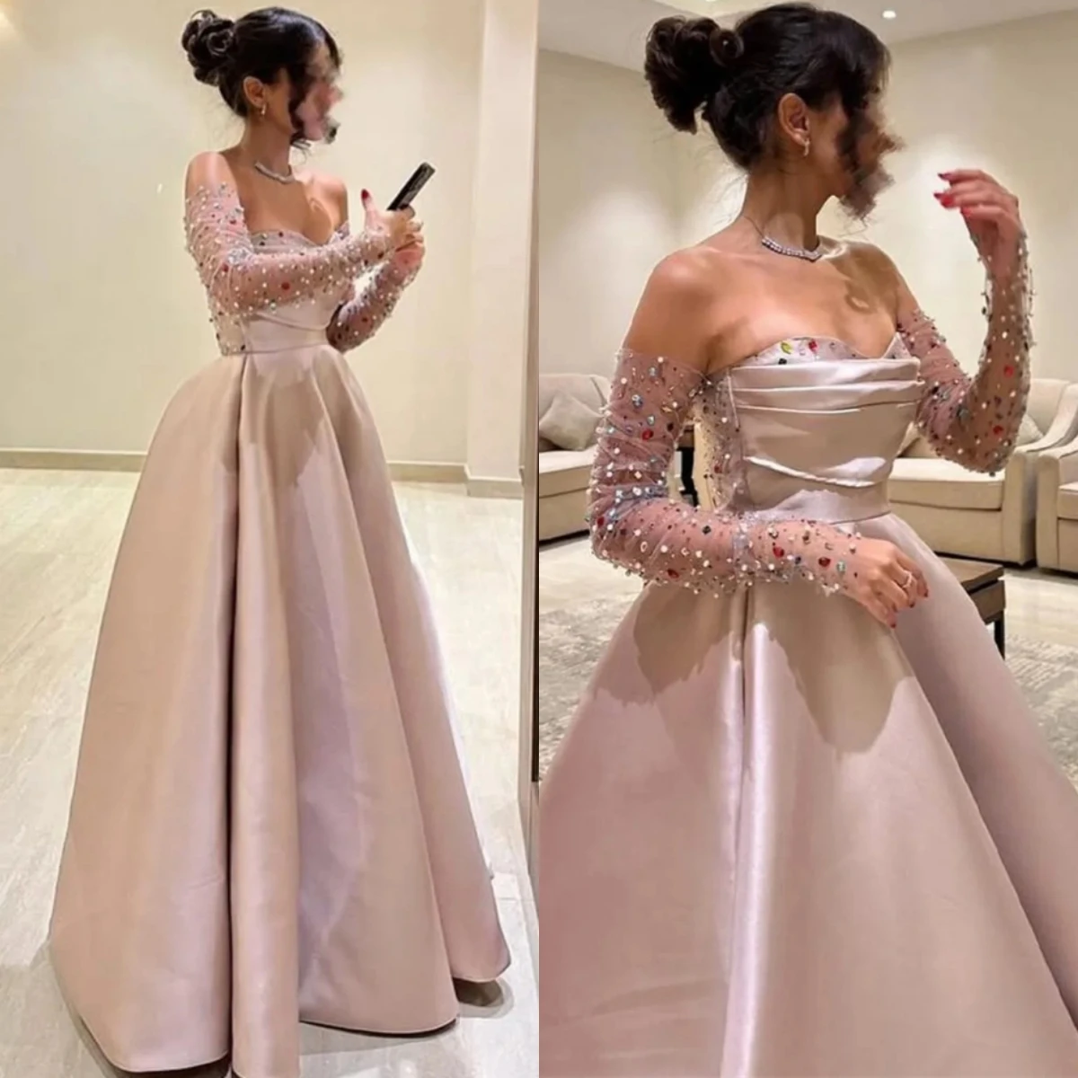 Customized Elegant Pink Satin Evening Dress Formal Boat Neck Long Sleeves Celebrity Gowns Classic A-Line Crystal Party Dresses
Customized Elegant Pink Satin Evening Dress Formal Boat Neck Long Sleeves Celebrity Gowns Classic A-Line Crystal Party Dresses