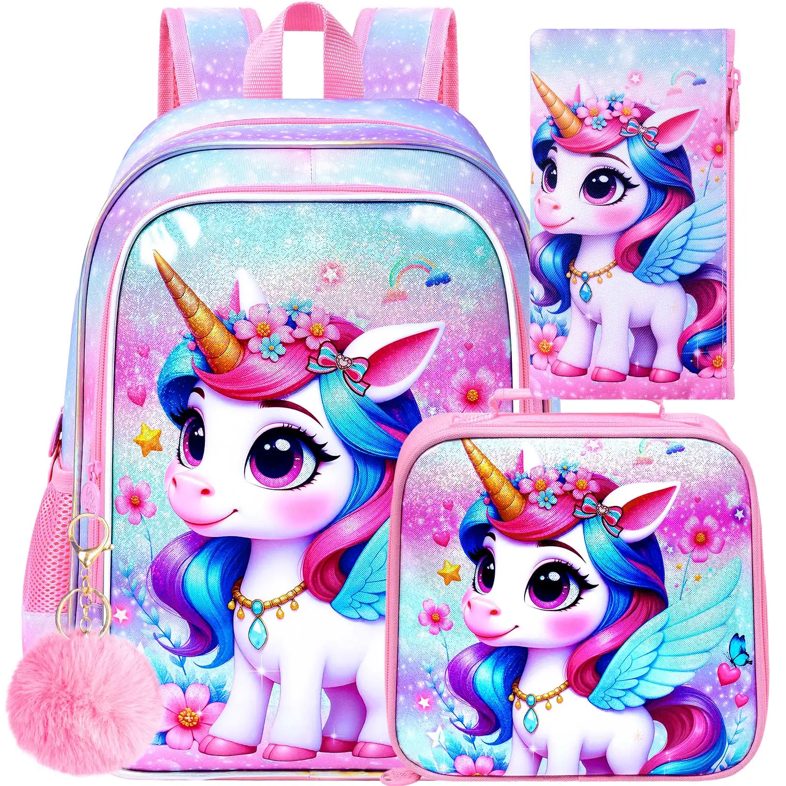 3PCS Unicorn Backpack for Girls, 16" Glittery UV Printing Kids Bookbag/School Bag with Lunch Box & Pencil Bag for Preschool to E
3PCS Unicorn Backpack for Girls, 16" Glittery UV Printing Kids Bookbag/School Bag with Lunch Box & Pencil Bag for Preschool to E