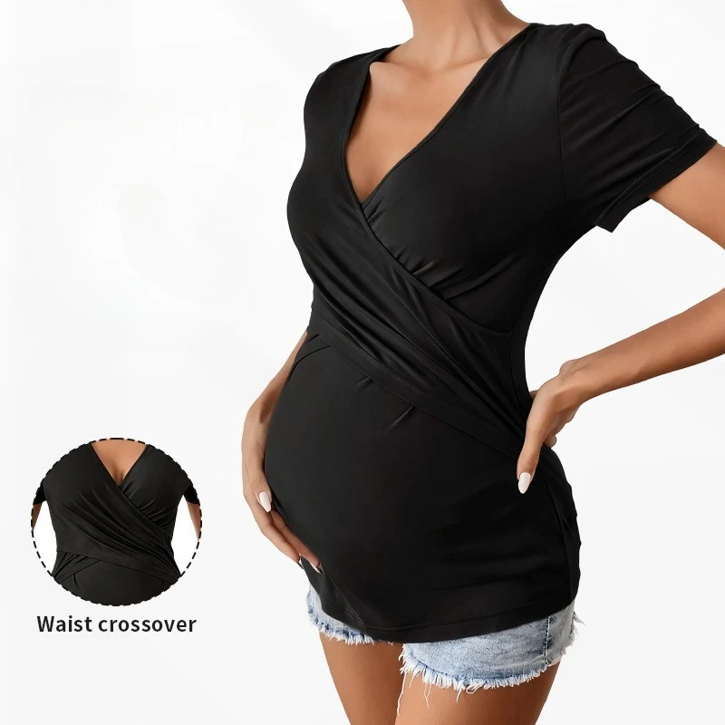 Summer Cross Waist Slim Fit V-neck Solid Color High Elasticity Yoga Fitness Design Sense Pregnant Women's T-shirt Top
Summer Cross Waist Slim Fit V-neck Solid Color High Elasticity Yoga Fitness Design Sense Pregnant Women's T-shirt Top