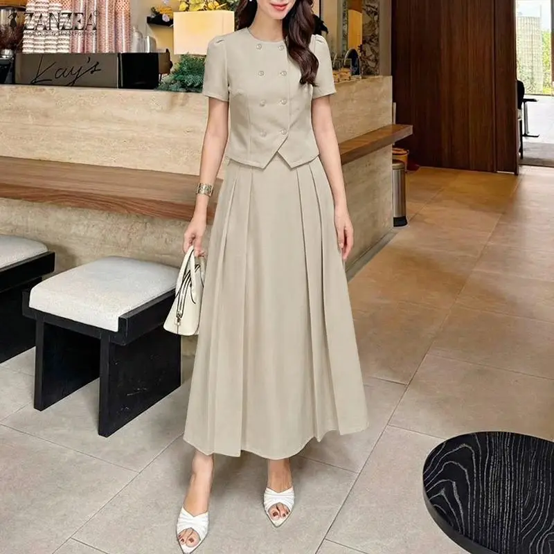 Elegant Women OL Work Dress Sets 2026 ZANZEA Summer Office Outfits O Neck Short Sleeve Blouse Sundress Suit Satin 2 Pieces Sets
Elegant Women OL Work Dress Sets 2026 ZANZEA Summer Office Outfits O Neck Short Sleeve Blouse Sundress Suit Satin 2 Pieces Sets