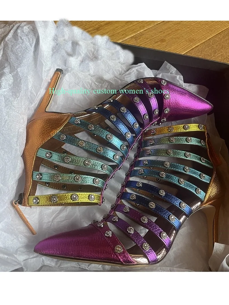 Pointed Purple Color-Blocked Version Thin Strap Combination Hollow Out Summer Ankle Boots Fashion Rivet Decoration Banquet Shoes
Pointed Purple Color-Blocked Version Thin Strap Combination Hollow Out Summer Ankle Boots Fashion Rivet Decoration Banquet Shoes