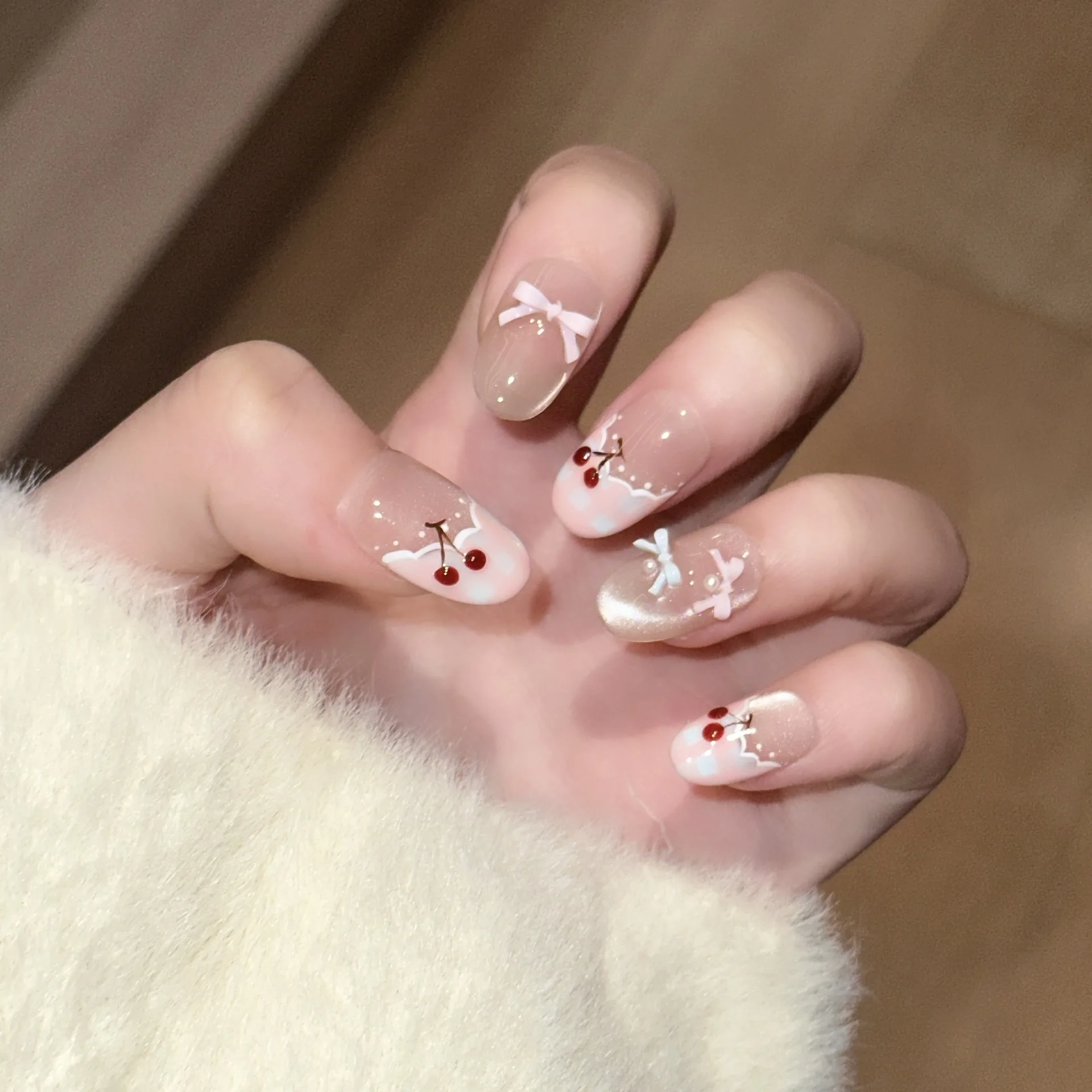 10Pcs Handmade French Press on Nails Sparkle Cat Eye Cherry 3D Bow Design Short Oval Fake Nails Wearable Lovely False Nail Tips
10Pcs Handmade French Press on Nails Sparkle Cat Eye Cherry 3D Bow Design Short Oval Fake Nails Wearable Lovely False Nail Tips