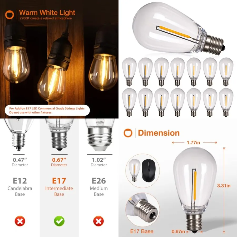 LED Replacement Bulbs 1W S14, 15 Pack Waterproof E17 Screw Base for Outdoor LED String Lights Shatterproof
LED Replacement Bulbs 1W S14, 15 Pack Waterproof E17 Screw Base for Outdoor LED String Lights Shatterproof