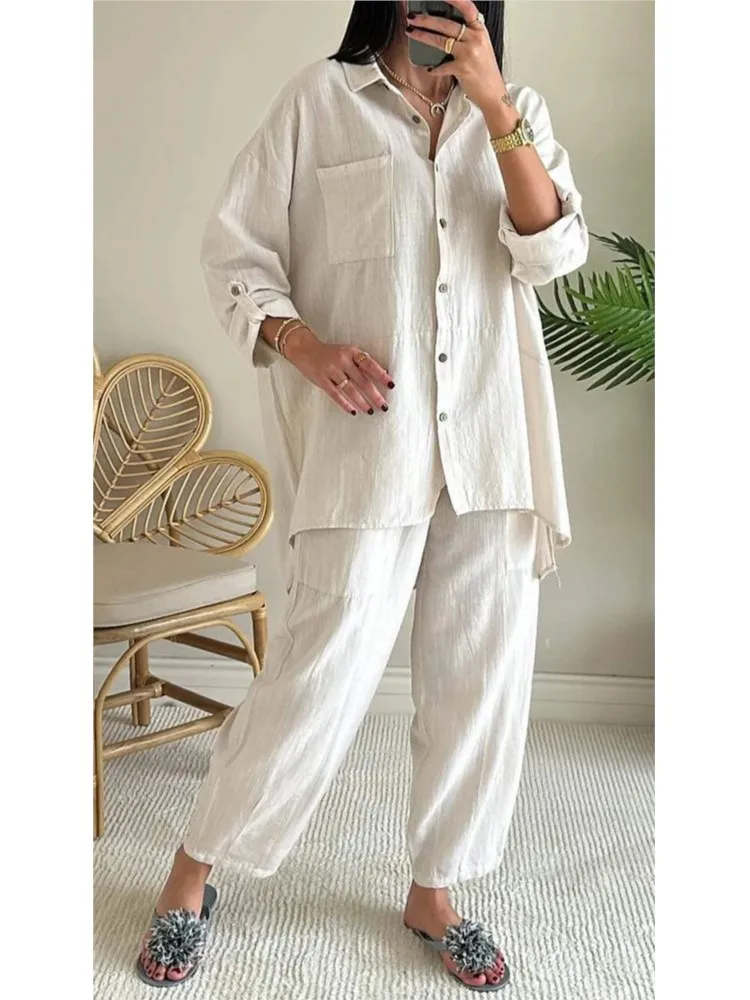 Fashion Casual Solid Women Pocket 2 Piece Sets 2025 Spring Autumn Single Breasted Lapel Long Sleeve Shirt Pants Set Loose Suit
Fashion Casual Solid Women Pocket 2 Piece Sets 2025 Spring Autumn Single Breasted Lapel Long Sleeve Shirt Pants Set Loose Suit
