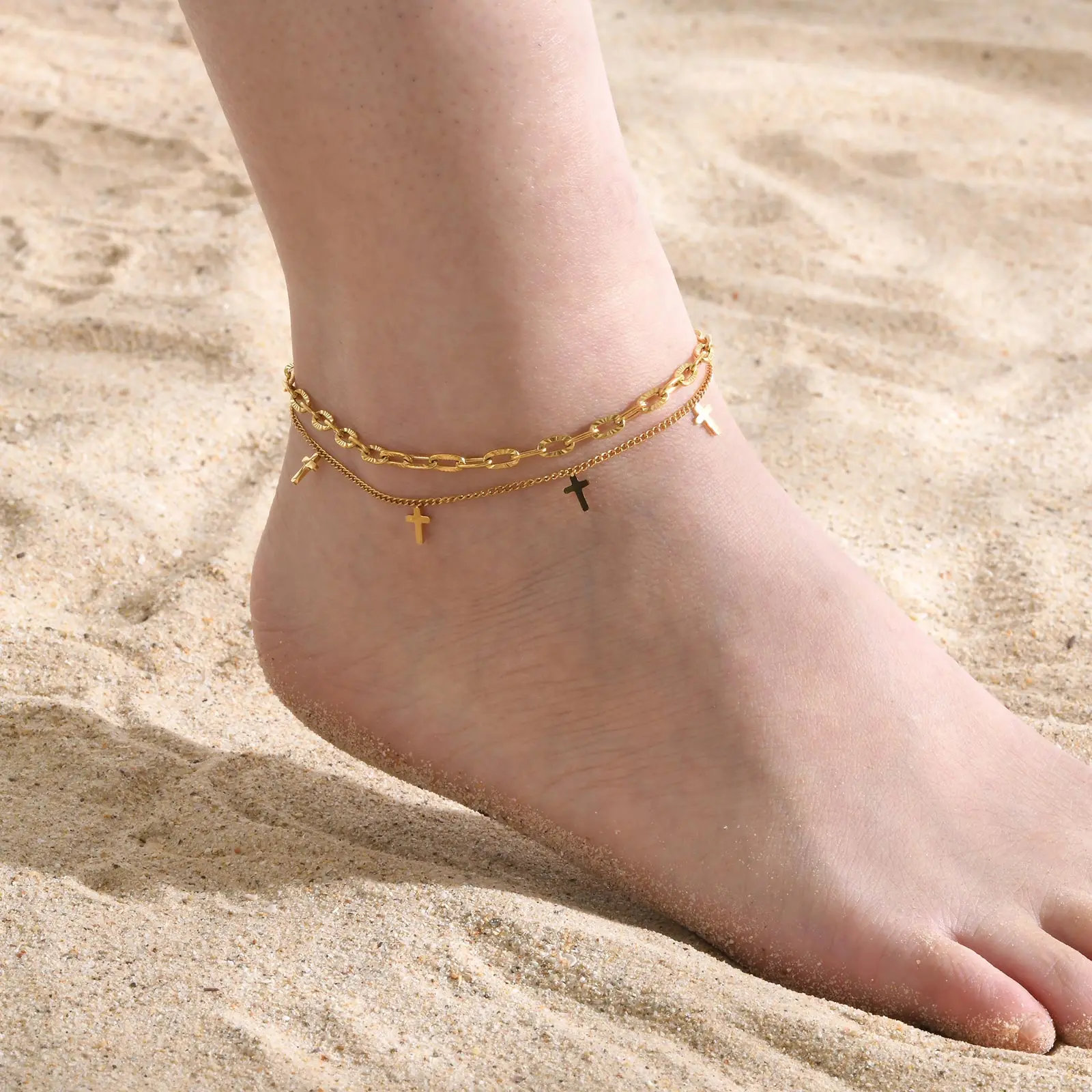 Double Layered Cross Dangling Anklet Bracelet on Leg for Women, Stainless Steel Multilayer Chain Summer Beach Jewelry
Double Layered Cross Dangling Anklet Bracelet on Leg for Women, Stainless Steel Multilayer Chain Summer Beach Jewelry