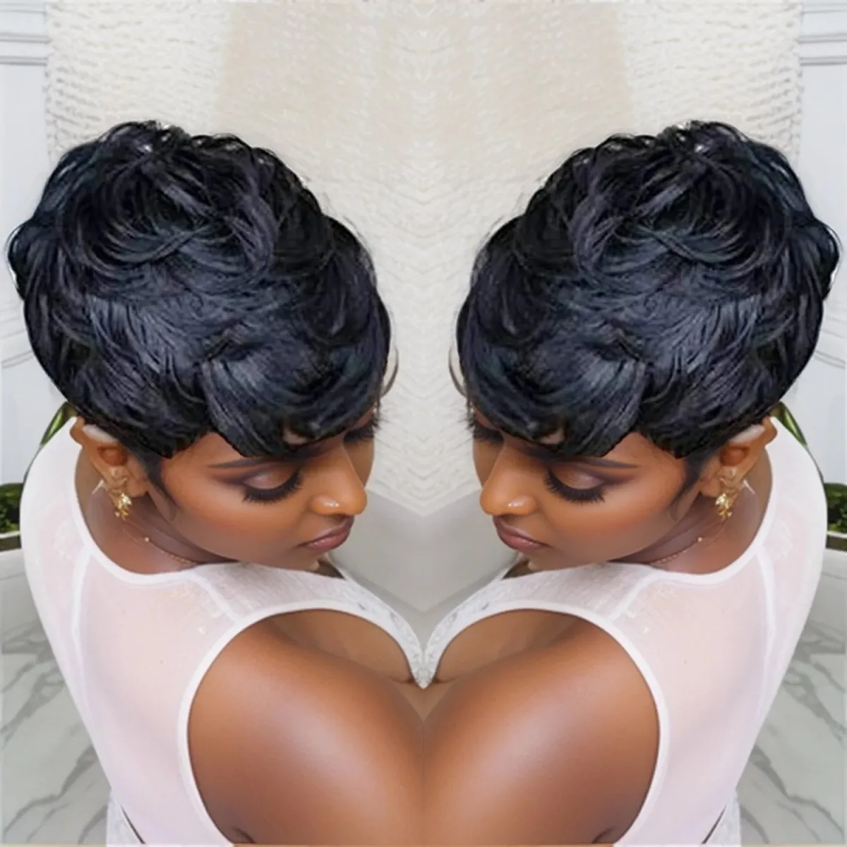 Короткие многослойные вьющиеся парики с стрижкой пикси, полностью машинного производства с челкой, натуральный черный цвет для ежедневного использования
Короткие многослойные вьющиеся парики с стрижкой пикси, полностью машинного производства с челкой, натуральный черный цвет для ежедневного использования