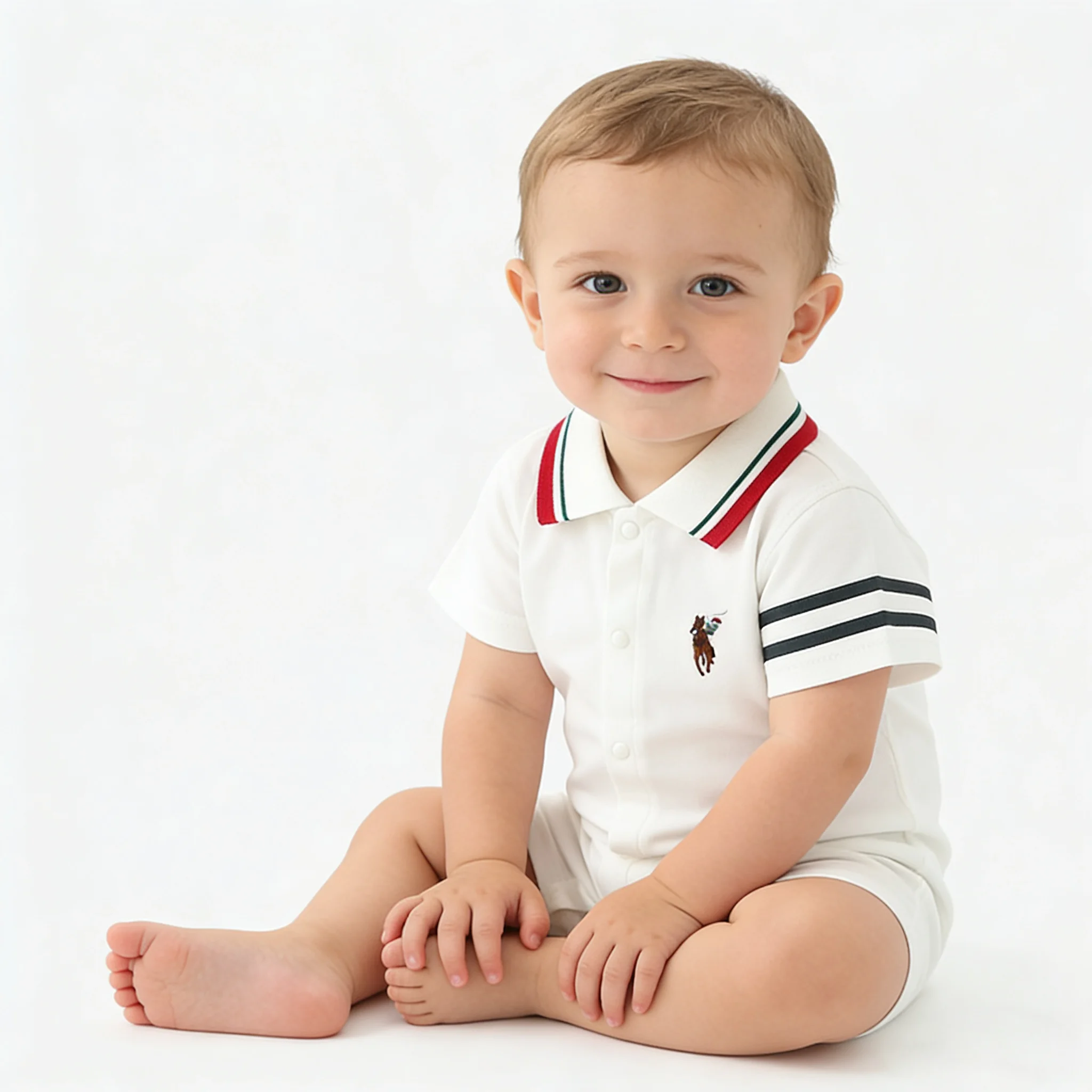 Baby Boy Short-Sleeve Polo Romper White Pique Knit with Striped Collar & Embroidered Pony Logo One-Piece Bodysuit for Summer
Baby Boy Short-Sleeve Polo Romper White Pique Knit with Striped Collar & Embroidered Pony Logo One-Piece Bodysuit for Summer