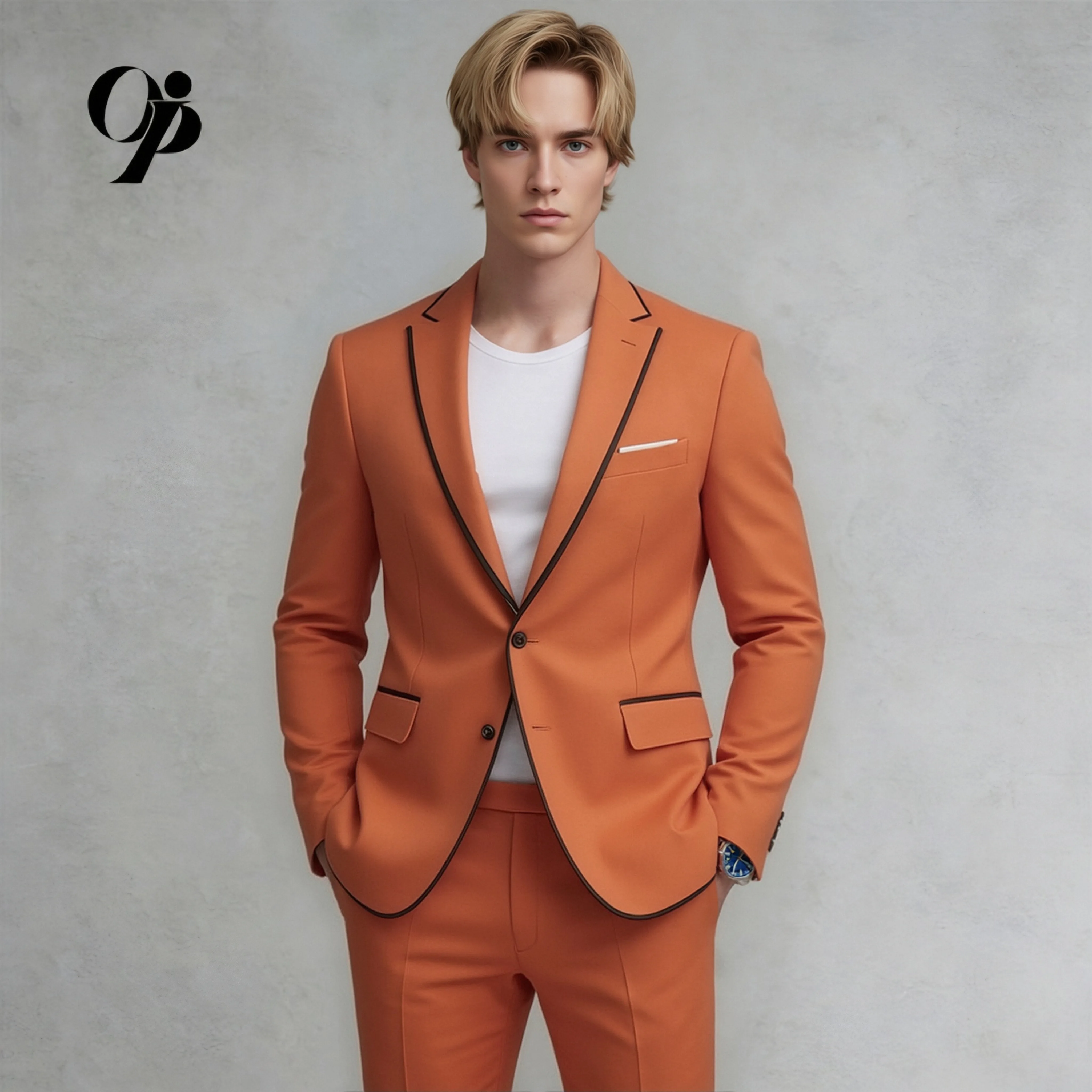 Мужской оранжевый костюм-двойка Slim Fit с контрастной отделкой — однобортный пиджак с вырезами на лацканах и брюки для вечеринок и повседневной носки
Мужской оранжевый костюм-двойка Slim Fit с контрастной отделкой — однобортный пиджак с вырезами на лацканах и брюки для вечеринок и повседневной носки