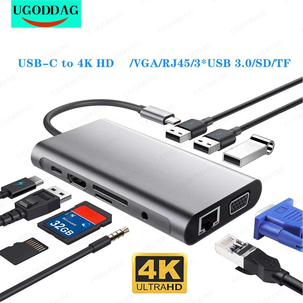 10 IN 1 Type C Hub Splitter USB C to 4K HDMI-Compatible Adapter VGA RJ45 Ethernet Mulit USB 3.0 Dock Station 3.5mm SD TF Hub
10 IN 1 Type C Hub Splitter USB C to 4K HDMI-Compatible Adapter VGA RJ45 Ethernet Mulit USB 3.0 Dock Station 3.5mm SD TF Hub