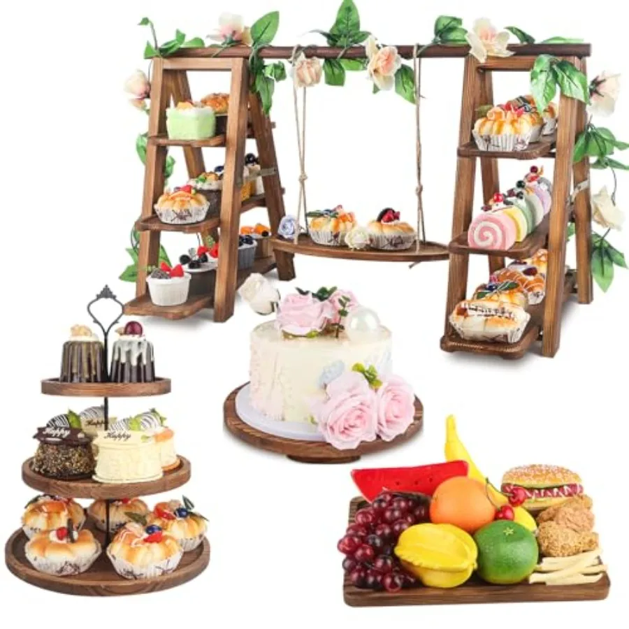 4 Pack Wooden Cake Stand Set 3 Tier Swing Cupcake Stand with Floral Decor, Square Round Trays, Foldable Ladder Display for Cake
4 Pack Wooden Cake Stand Set 3 Tier Swing Cupcake Stand with Floral Decor, Square Round Trays, Foldable Ladder Display for Cake