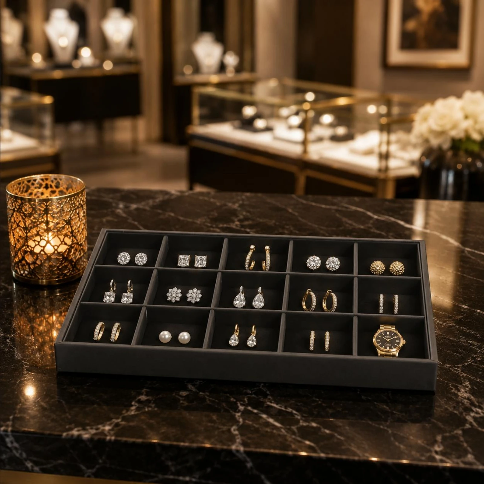 Black PU Leather Jewelry Display Tray Easy to Clean Black Jewelry Display Tray Stable Base Scratch Protection
Black PU Leather Jewelry Display Tray Easy to Clean Black Jewelry Display Tray Stable Base Scratch Protection