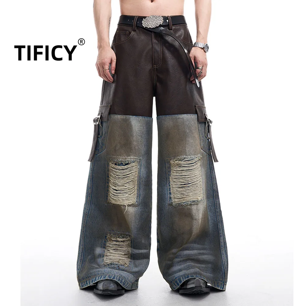 High Street PU Leather Patchwork Jeans Pants Men's Autumn and Winter Ripped Leather Buckle Punk Style Casual Streetwear Pants
High Street PU Leather Patchwork Jeans Pants Men's Autumn and Winter Ripped Leather Buckle Punk Style Casual Streetwear Pants