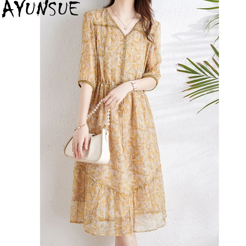 AYUNSUE 100% Mulberry Silk Women's Dresses V-neck Elegant Dress Woman Clothes High Quality Summer New in Dresses 2025 Robe Femme
AYUNSUE 100% Mulberry Silk Women's Dresses V-neck Elegant Dress Woman Clothes High Quality Summer New in Dresses 2025 Robe Femme