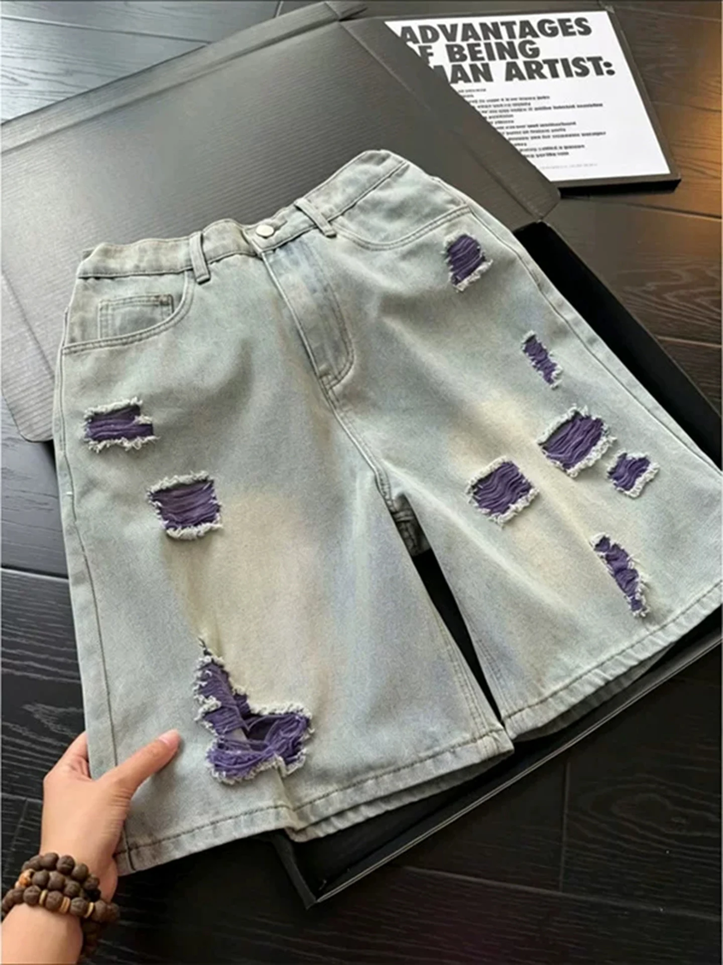 American Style Color Block Hole Denim Shorts Men Summer Thin Design Sensation Five Parts Beggar Pants CleanFit Pants
American Style Color Block Hole Denim Shorts Men Summer Thin Design Sensation Five Parts Beggar Pants CleanFit Pants