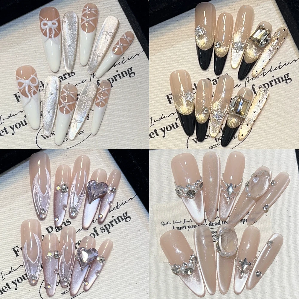 10Pcs Nude Long Stiletto Handmade French Press On Nails Y2K Diamond Cat Eyes Pearl Bow Flowers Fashion Full Cover Fake Nail
10Pcs Nude Long Stiletto Handmade French Press On Nails Y2K Diamond Cat Eyes Pearl Bow Flowers Fashion Full Cover Fake Nail
