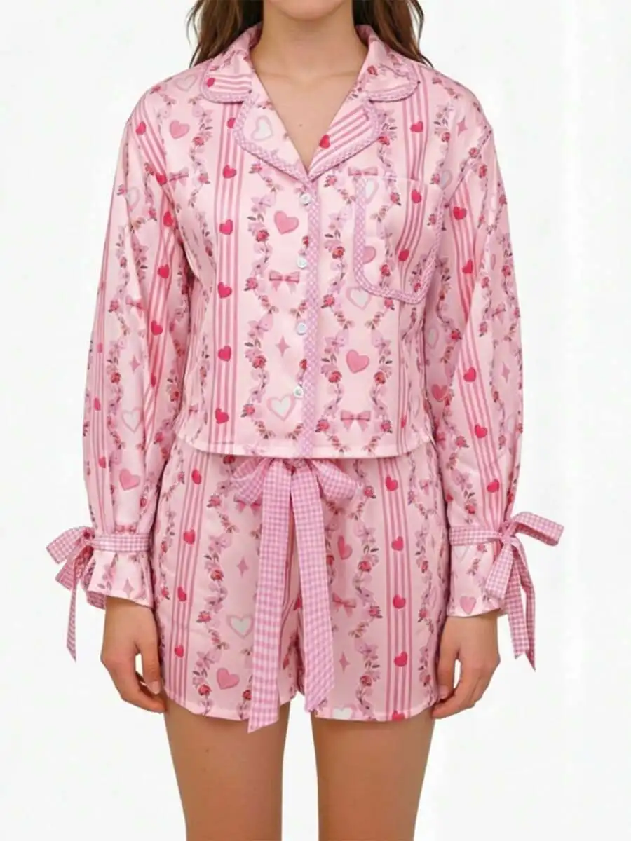 Women Valentine Heart Floral Print Pajama Set Long Sleeve Top And Shorts Sleepwear
Women Valentine Heart Floral Print Pajama Set Long Sleeve Top And Shorts Sleepwear