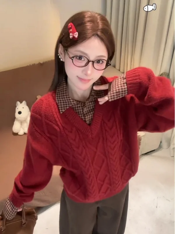 plus Size Neck Plaid Knit Sweater Red Fake Two-Piece Loose Fit Autumn Winter New Style Korean Style Girls Sweater
plus Size Neck Plaid Knit Sweater Red Fake Two-Piece Loose Fit Autumn Winter New Style Korean Style Girls Sweater