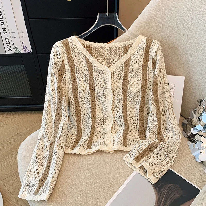 Contrast Hook Flower Hollow Knitted Cardigan Women's Single Breasted Top Spring Autumn Retro V-neck Trendy Boho Vacation Outfit
Contrast Hook Flower Hollow Knitted Cardigan Women's Single Breasted Top Spring Autumn Retro V-neck Trendy Boho Vacation Outfit