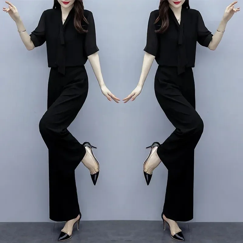 Elegant Women Outfits Spring Summer Wide Leg Pants Black Suits OL 2 Piece Sets Korean Loose Tops And Trousers Female Casual 2PCS
Elegant Women Outfits Spring Summer Wide Leg Pants Black Suits OL 2 Piece Sets Korean Loose Tops And Trousers Female Casual 2PCS