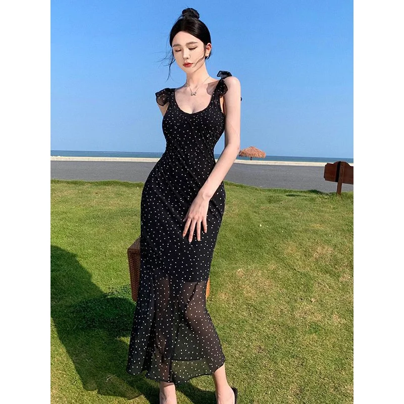 Polka dot print black slip dress summer slim-fit chiffon tight waist rustled backless sexy sleepveless dress
Polka dot print black slip dress summer slim-fit chiffon tight waist rustled backless sexy sleepveless dress