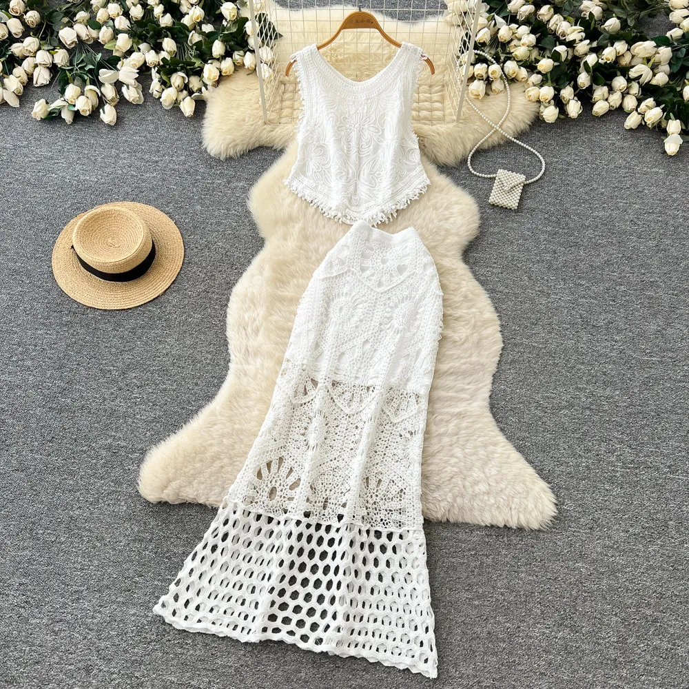 Women Two Piece Sets Skirt Set Round Neck Sleeveless Lace Tassel Tops Long Skirts Hollow Out High Waist Y2k Streetwear Elegant
Women Two Piece Sets Skirt Set Round Neck Sleeveless Lace Tassel Tops Long Skirts Hollow Out High Waist Y2k Streetwear Elegant