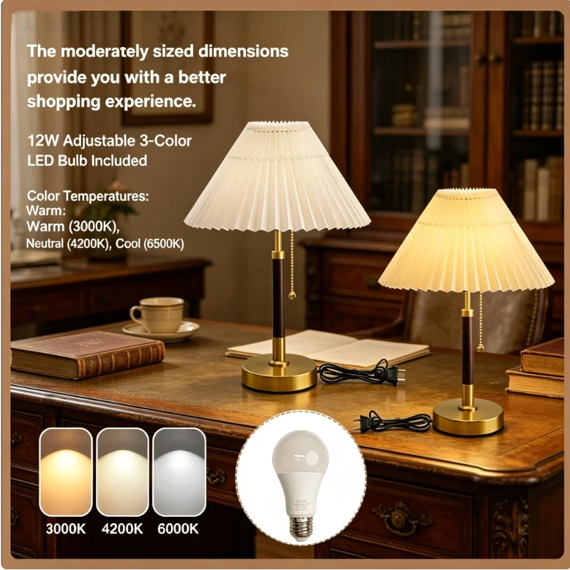 2-Pack Pleated Table Lamp E26 Base Pull Chain Switch 3 Color Temperatures 65-240V Dimmable Bedside Night Light Vintage Desk Lamp
2-Pack Pleated Table Lamp E26 Base Pull Chain Switch 3 Color Temperatures 65-240V Dimmable Bedside Night Light Vintage Desk Lamp