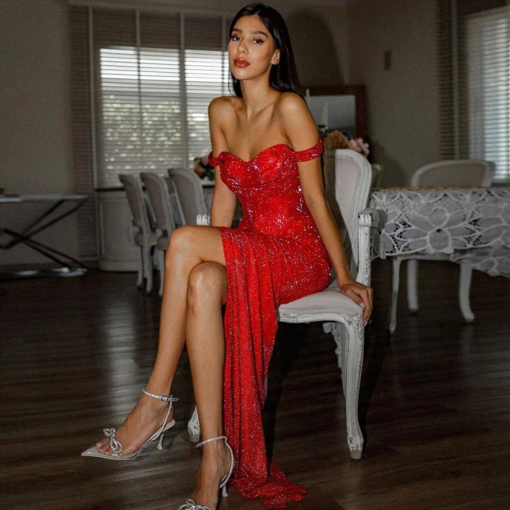 Off Shoulder Red Dress With Slit Floor Length Evening Dress With Train Sequins Sparkly Woman Clothes Custom Made Prom Dress
Off Shoulder Red Dress With Slit Floor Length Evening Dress With Train Sequins Sparkly Woman Clothes Custom Made Prom Dress