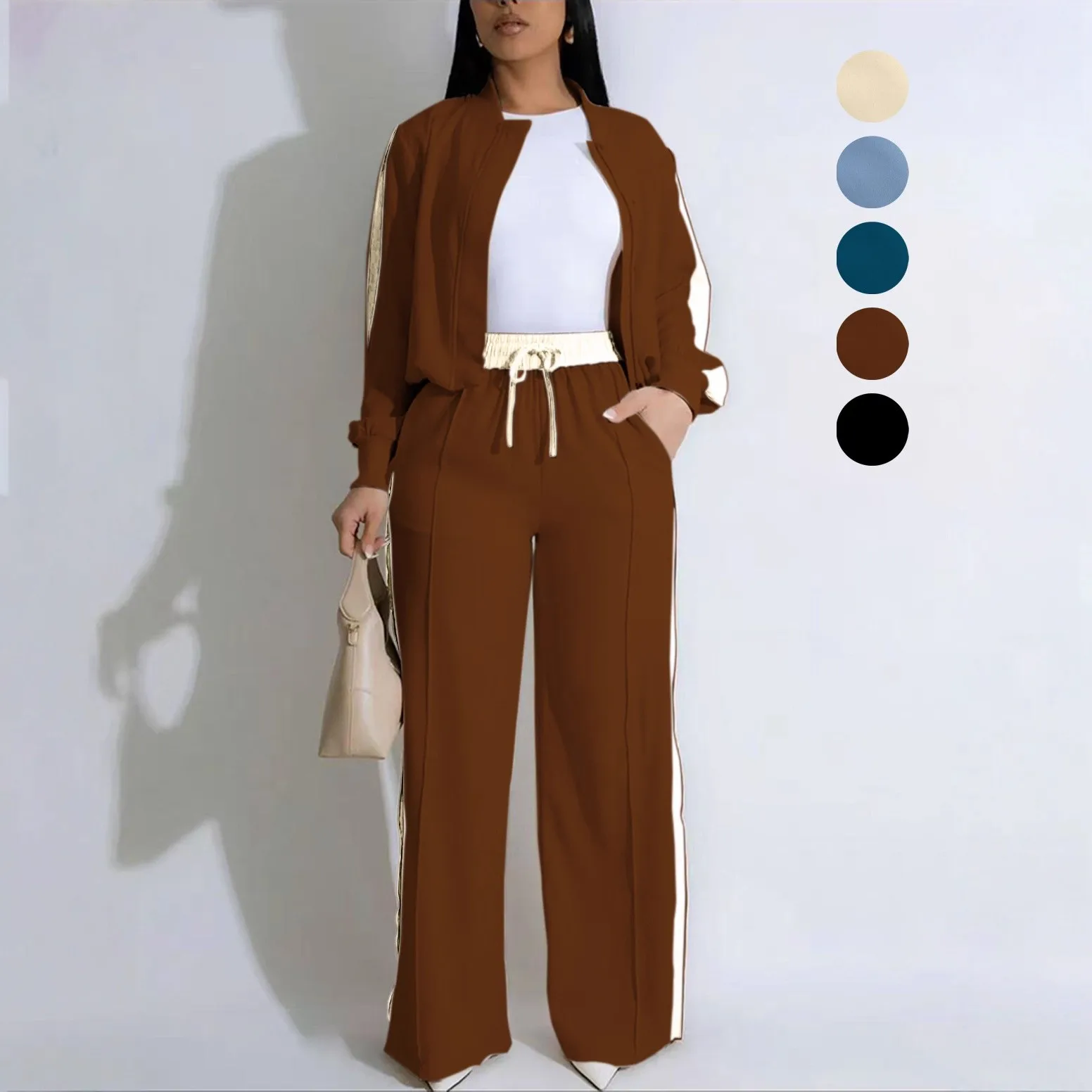 2 Pieces Set For Woman Casual Pants Long Sleeve Jacket Black Trousers Two Piece Set Wide Leg Pants Drawstring Waist Beige Pants
2 Pieces Set For Woman Casual Pants Long Sleeve Jacket Black Trousers Two Piece Set Wide Leg Pants Drawstring Waist Beige Pants
