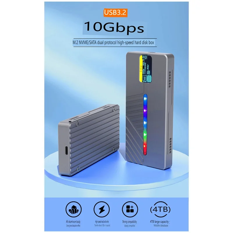 A68Z Smart Display M.2 Solid State Mobile Hard Drive Box Hard Drive Box 10GB Dual Protocol Nvme/Sata Aluminum Alloy Shell
A68Z Smart Display M.2 Solid State Mobile Hard Drive Box Hard Drive Box 10GB Dual Protocol Nvme/Sata Aluminum Alloy Shell