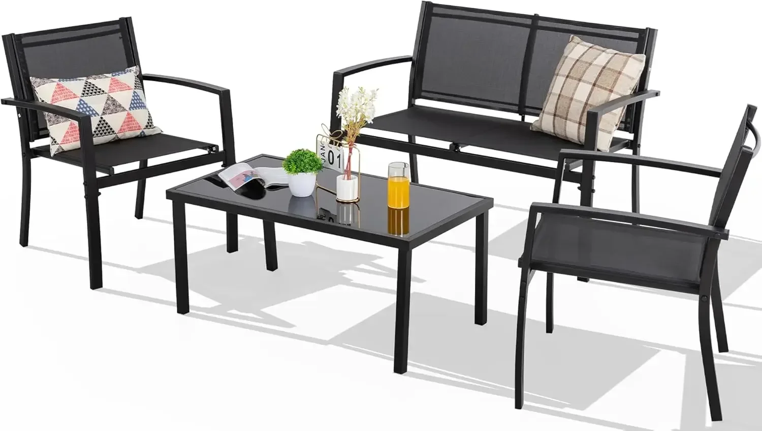 4 Pieces Patio Furniture Set All Weather Textile Fabric Outdoor Conversation Set, with Glass Coffee Table, Loveseat, 2 Single Ch
4 Pieces Patio Furniture Set All Weather Textile Fabric Outdoor Conversation Set, with Glass Coffee Table, Loveseat, 2 Single Ch