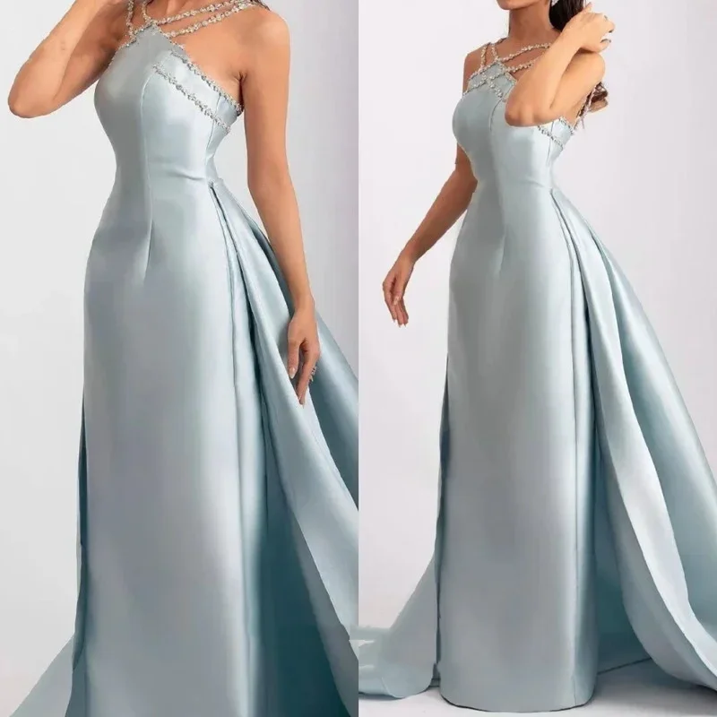 Elegant Sleeveless Satin Ball Dress High Waist Strap Evening Dress Wrinkled Beaded Crystal Formal Occasion Customization
Elegant Sleeveless Satin Ball Dress High Waist Strap Evening Dress Wrinkled Beaded Crystal Formal Occasion Customization