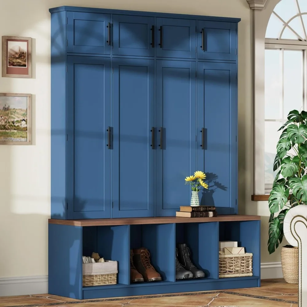Farmhouse Hall Tree with 4 Hidden Hanging Hooks, Multi-Functional Walnut Seating Bench with 8 Doors, Entryway Shoe Cabinet with Open Compartments for Living Room, Hallway, Blue (Blue Style2)
Farmhouse Hall Tree with 4 Hidden Hanging Hooks, Multi-Functional Walnut Seating Bench with 8 Doors, Entryway Shoe Cabinet with Open Compartments for Living Room, Hallway, Blue (Blue Style2)