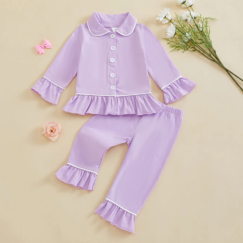 Kids Girls Fall 2 Pieces Pajama Sets Solid Color Long Sleeve Lapel Ruffle Trim Button Up Shirt Long Pants Loose Sleepwear
Kids Girls Fall 2 Pieces Pajama Sets Solid Color Long Sleeve Lapel Ruffle Trim Button Up Shirt Long Pants Loose Sleepwear