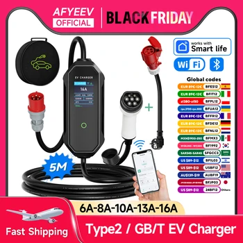 AFYEEV Type2 Portable EV Charger 11KW 16A 3P GBT Car Charger Wi-Fi APP Control EVSE Charging Box CEE Plug for Electric Vehicle