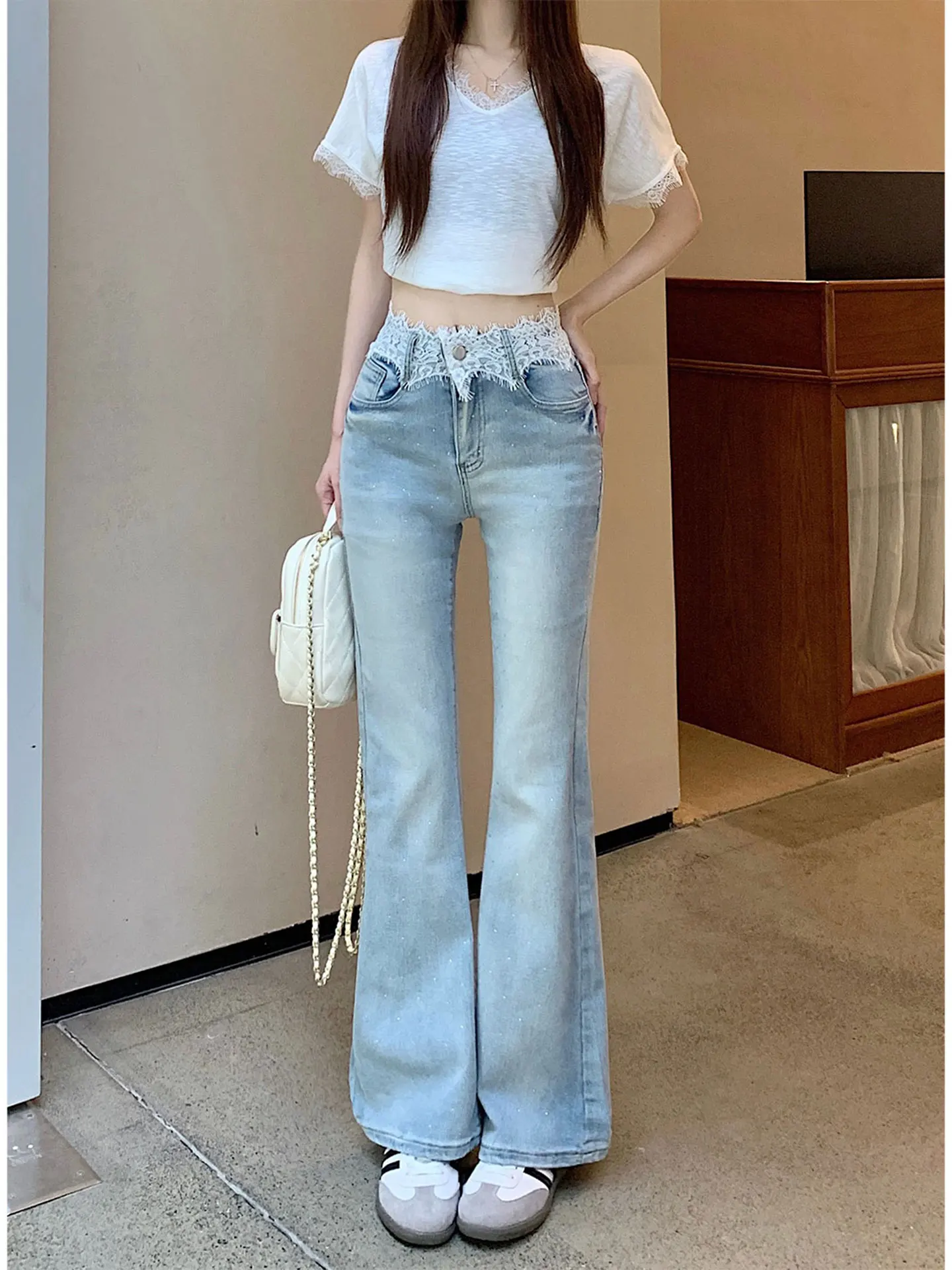 High Waist Bell Bottom Jeans Women's Summer Fashion Small Size Lace Splicing Cotton Elastic Soft Denim Blue High Street Style
High Waist Bell Bottom Jeans Women's Summer Fashion Small Size Lace Splicing Cotton Elastic Soft Denim Blue High Street Style