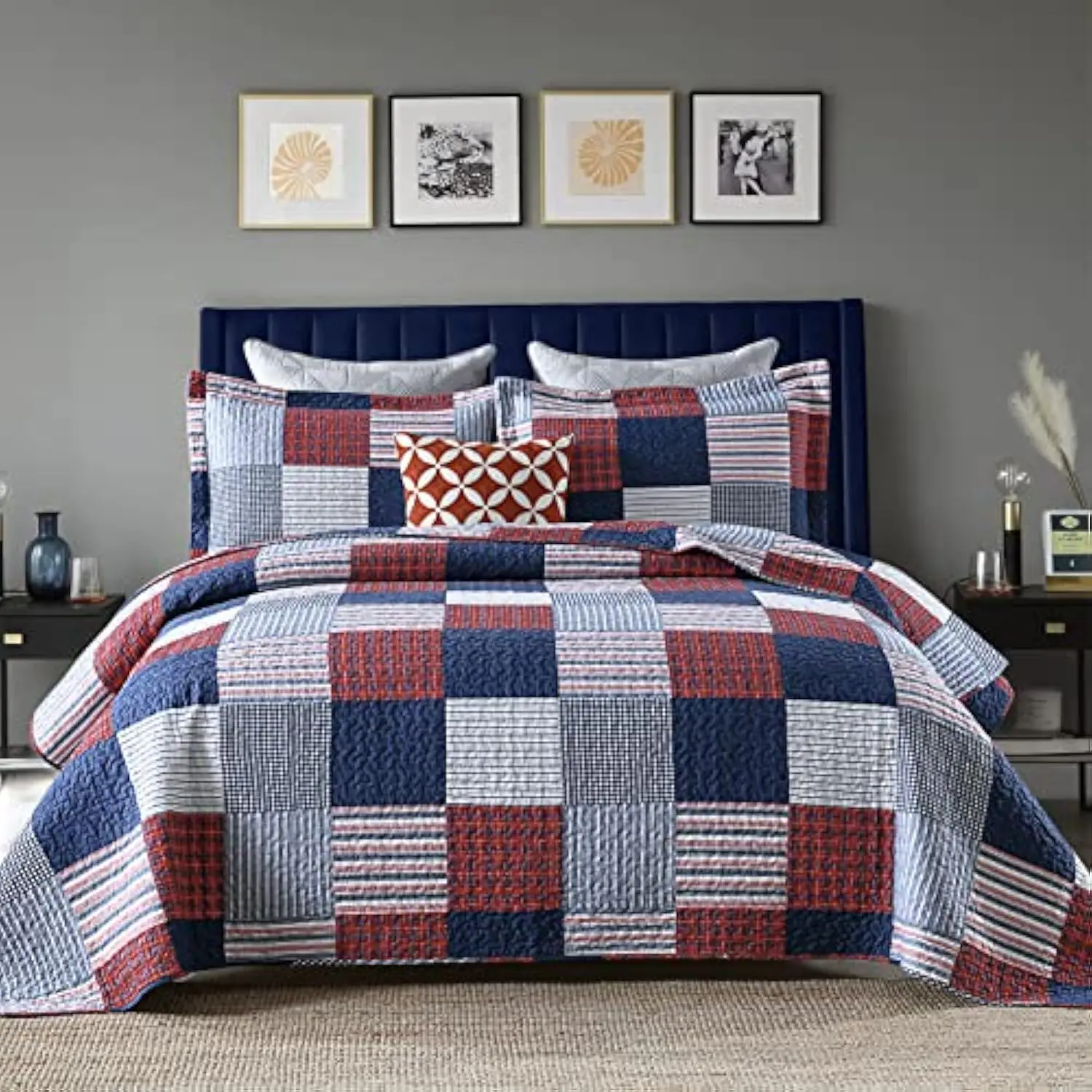Quilt Set Queen Size, 100% Cotton Queen Quilt, Blue Red White Patchwork Plaid Quilt Sets Queen, Lightweight Reversible Soft Be
Quilt Set Queen Size, 100% Cotton Queen Quilt, Blue Red White Patchwork Plaid Quilt Sets Queen, Lightweight Reversible Soft Be