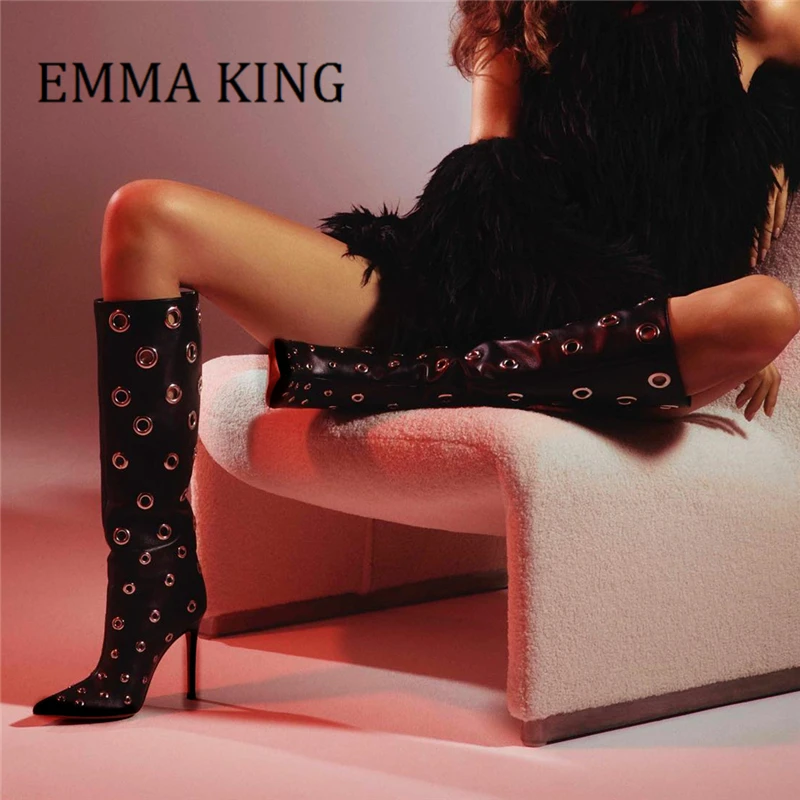 Women Metal Eyelet Knee High Boots Ladies Sexy Pointy Toe High Heel Long Boot Punk Style Pull On Footwear Custom Made Hole Shoes 
Women Metal Eyelet Knee High Boots Ladies Sexy Pointy Toe High Heel Long Boot Punk Style Pull On Footwear Custom Made Hole Shoes