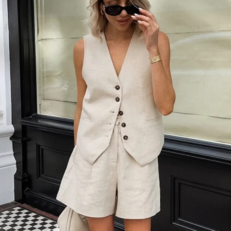 Khaki Cotton Linen Sleeveless Vest Vest Vest Shorts Set Fashionable Ramie Two Piece Set
Khaki Cotton Linen Sleeveless Vest Vest Vest Shorts Set Fashionable Ramie Two Piece Set
