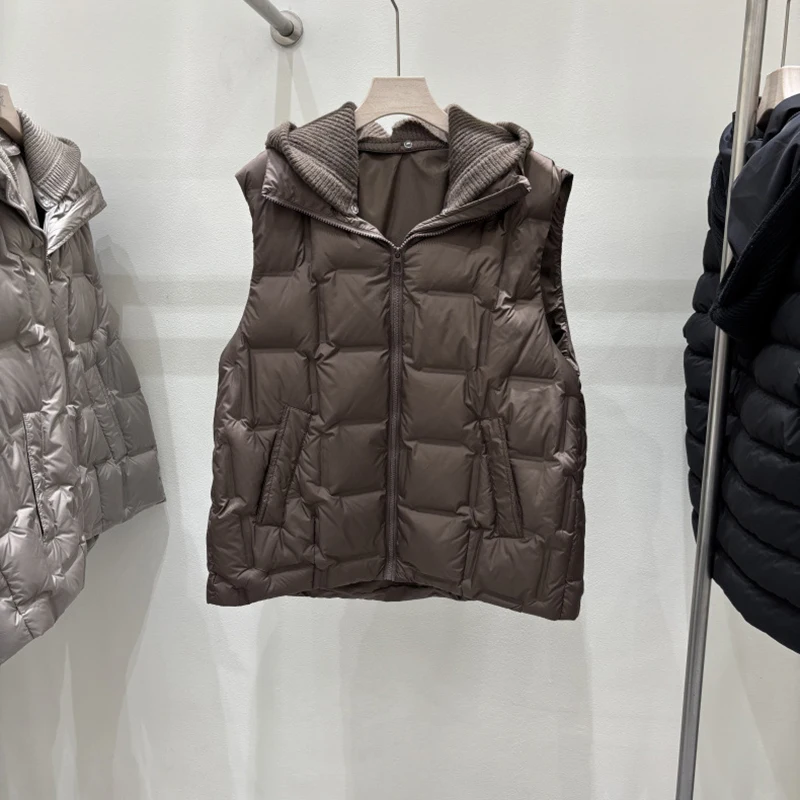 Autumn Winter Hooded Knitted Splicing Down Vest Women White Duck Down Sleeveless Warm Vest Tops Female Zipper Waistcoat Outwears
Autumn Winter Hooded Knitted Splicing Down Vest Women White Duck Down Sleeveless Warm Vest Tops Female Zipper Waistcoat Outwears