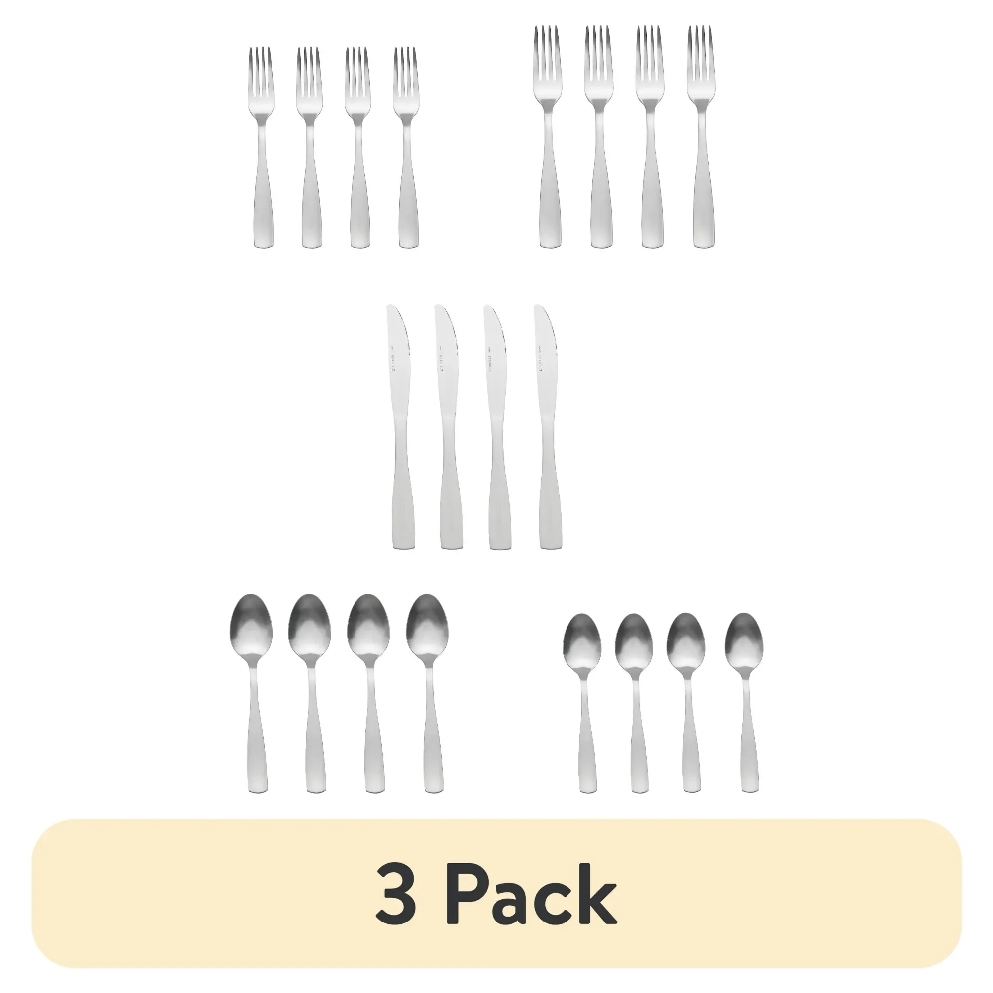 (3-Pack) 20-piece stainless steel cutlery set, serves 4 people, features a bright silver finish and comfortable grip handles.
(3-Pack) 20-piece stainless steel cutlery set, serves 4 people, features a bright silver finish and comfortable grip handles.