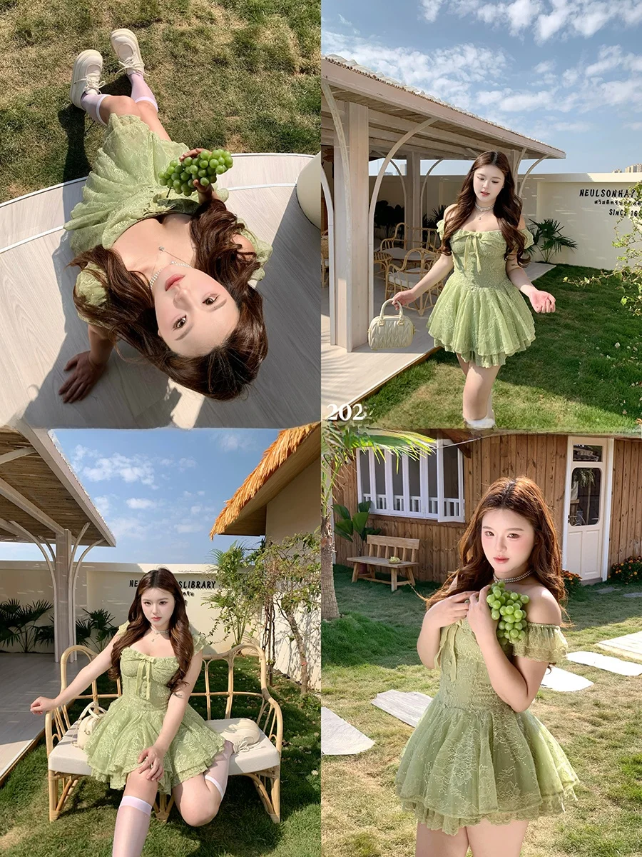 Sweet Green Puffy Skirt with Lace Waist Cinching for Plump Girls Short Sleeve Knot Daily Wear Spring Season Dress
Sweet Green Puffy Skirt with Lace Waist Cinching for Plump Girls Short Sleeve Knot Daily Wear Spring Season Dress