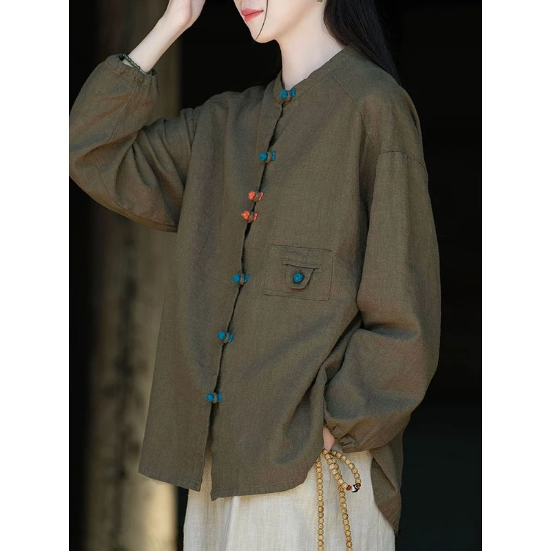 Cotton and Linen Colored Buckle Chinese Style Retro Shirt Plus Size Women's Standing Collar Casual Long Sleeved Cardigan Top
Cotton and Linen Colored Buckle Chinese Style Retro Shirt Plus Size Women's Standing Collar Casual Long Sleeved Cardigan Top